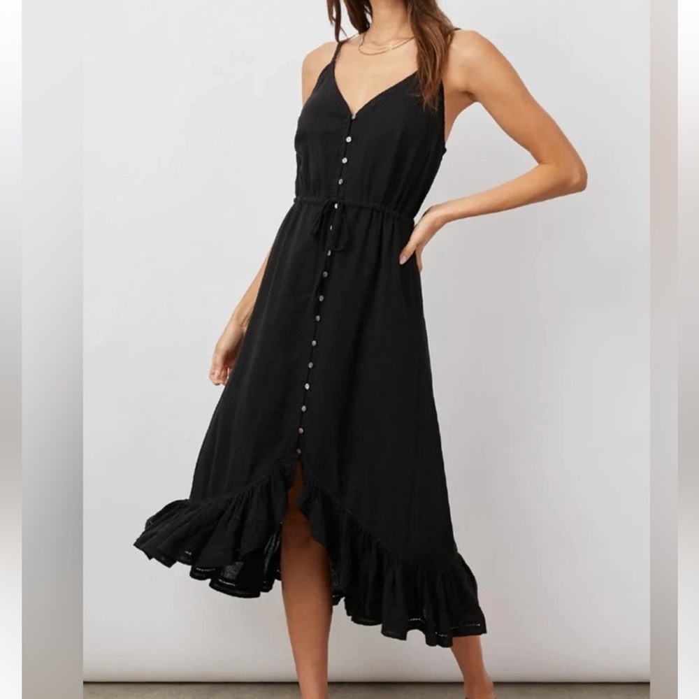 Rails Black Button-Front Midi Dress with Ruffle Hem